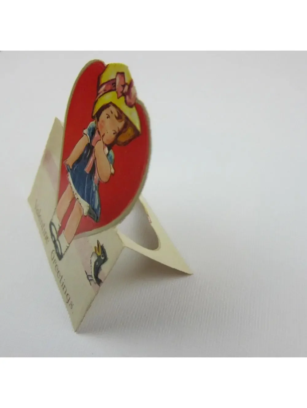 Vintage Valentine Card Cutout Stand Up Girl Straw Hat Blue Dress Bird UNSIGNED